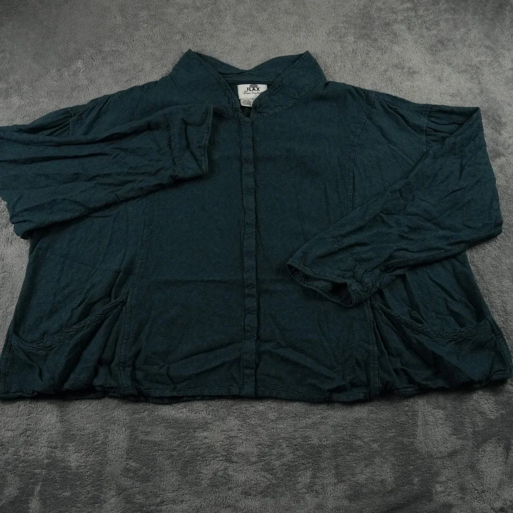 FLAX Button Up Top Womens L Green Rayon Blend Boxy Snap Front‎ Lagenlook Funnel